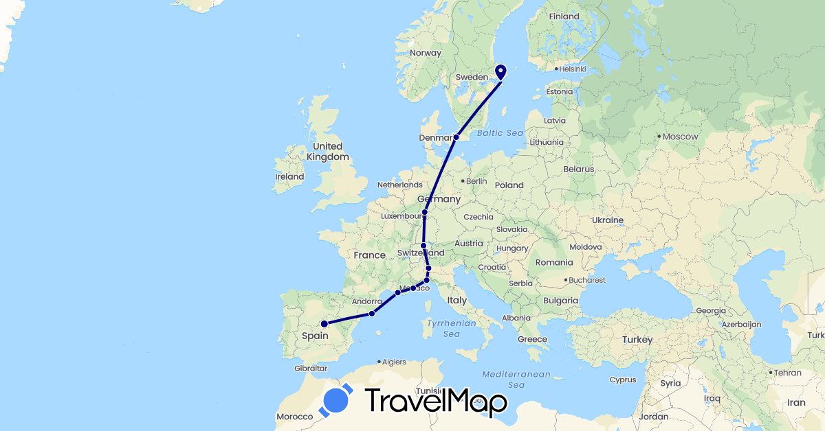 TravelMap itinerary: driving in Switzerland, Germany, Denmark, Spain, France, Italy, Sweden (Europe)